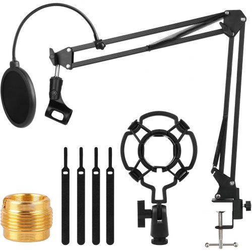  Linkstyle Microphone Stand, Adjustable Suspension Boom Scissor Arm Stand with 3/8 to 5/8 Screw Adapter, Mic Clip, Shock Mount, Pop Filter, Mic Cover Foam, and Cable Ties, for Most