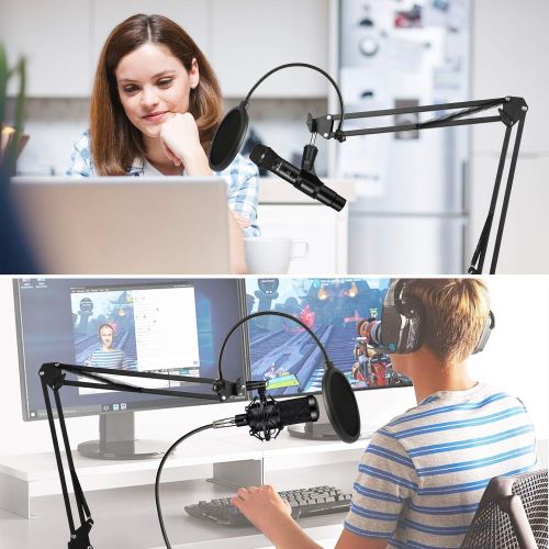  Linkstyle Microphone Stand, Adjustable Suspension Boom Scissor Arm Stand with 3/8 to 5/8 Screw Adapter, Mic Clip, Shock Mount, Pop Filter, Mic Cover Foam, and Cable Ties, for Most