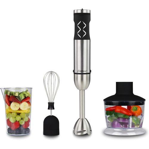  Linnuo Stabmixer Edelstahl 4-in-1 Set - Puerierstab Edelstahl, Schneebesen, Universalzerkleinerer, Mix- & Messbecher - Leistungsstarker 700 W Hand Blender - Smart Speed, Easy Click,