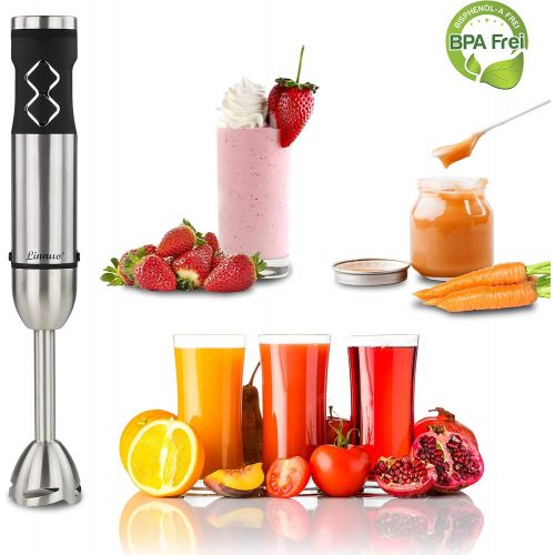  Linnuo Stabmixer Edelstahl 4-in-1 Set - Puerierstab Edelstahl, Schneebesen, Universalzerkleinerer, Mix- & Messbecher - Leistungsstarker 700 W Hand Blender - Smart Speed, Easy Click,