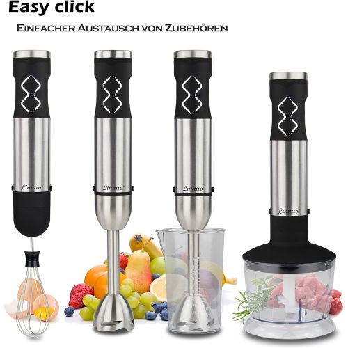  Linnuo Stabmixer Edelstahl 4-in-1 Set - Puerierstab Edelstahl, Schneebesen, Universalzerkleinerer, Mix- & Messbecher - Leistungsstarker 700 W Hand Blender - Smart Speed, Easy Click,