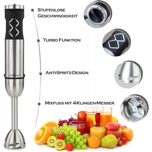  Linnuo Stabmixer Edelstahl 4-in-1 Set - Puerierstab Edelstahl, Schneebesen, Universalzerkleinerer, Mix- & Messbecher - Leistungsstarker 700 W Hand Blender - Smart Speed, Easy Click,