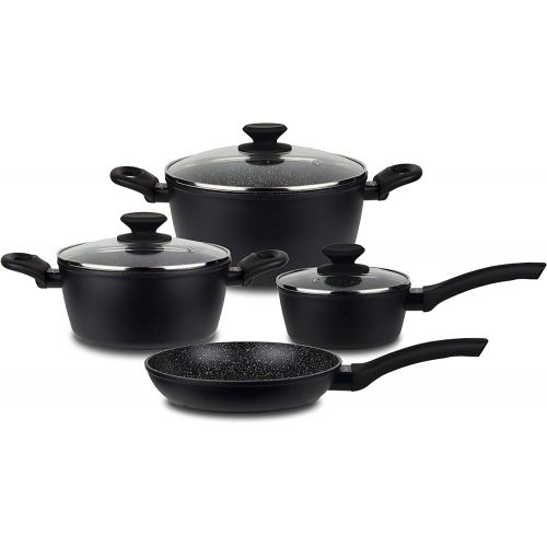  Linnuo Topfset Topf Pfannenset 7tlg - 3 Toepfe mit Glasdeckel & 1 Pfanne - Alu Kochtopf Set Marmor Keramik beschichtet PFOA frei - Topfset Induktion geeignet fuer alle Herde - Griff