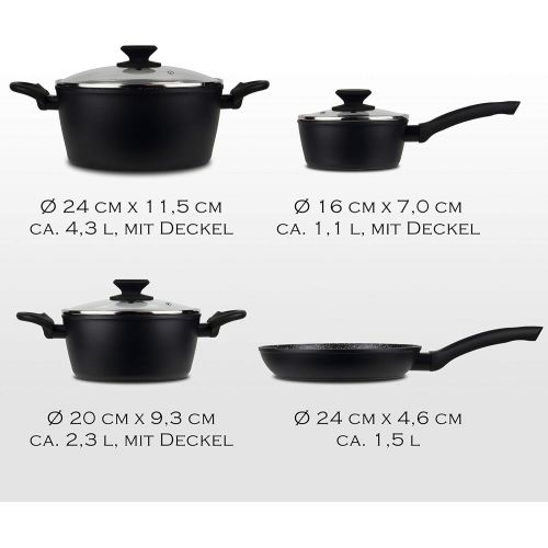  Linnuo Topfset Topf Pfannenset 7tlg - 3 Toepfe mit Glasdeckel & 1 Pfanne - Alu Kochtopf Set Marmor Keramik beschichtet PFOA frei - Topfset Induktion geeignet fuer alle Herde - Griff