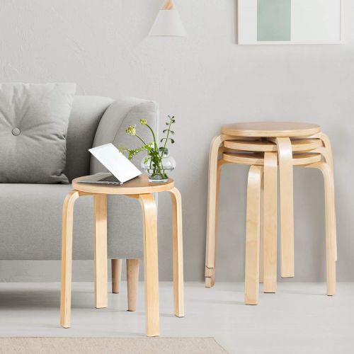  Linon COSTWAY 17-inch Bentwood Stools Backless Chairs Round Top Stackable Wood seat for Dinning, Kitchen, Home, Garden, Living and Class Room(Set of 4, Natural)