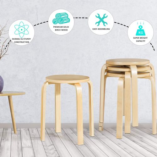  Linon COSTWAY 17-inch Bentwood Stools Backless Chairs Round Top Stackable Wood seat for Dinning, Kitchen, Home, Garden, Living and Class Room(Set of 4, Natural)