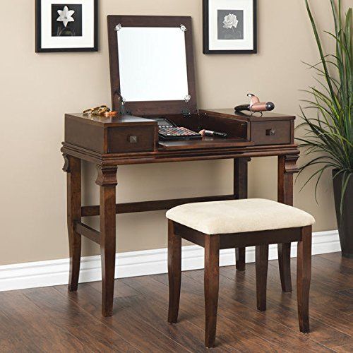  Linon Oh! Home Ariana Beautification Set - Brown Vanity Table, Stool & Flip Top Mirror