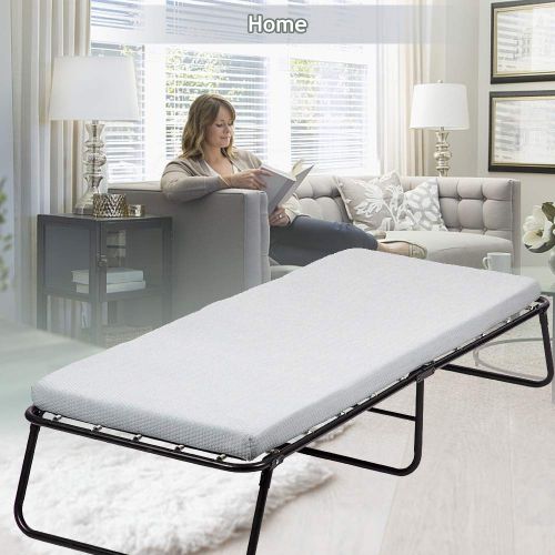  Linon Dkeli Folding Bed Guest Rollaway Bed Frame with 3 Inch Comfort Foam Mattress Heavy Duty 300Lbs Capacity Twin Size Bed Extra Protable Flodaway Camping Cots for Adults, Kids