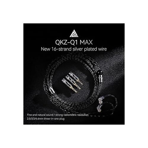  Linsoul QKZ Q1 MAX 16-Stand 352 Cores Silver-Plated HiFi Earphones Upgrade Cable with Interchangeable 2.5mm/3.5mm/4.4mm Plug Replacement Cable for Audiophile (Black, S-Type)