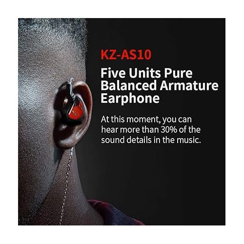  KZ AS10, LINSOUL 5BA HiFi Stereo in-Ear Earphone High Resolution Earbud Headphone with 0.75mm 2 pin Cable, Five Balanced Armature Drivers, Noise Cancelling (Without Mic, Black)