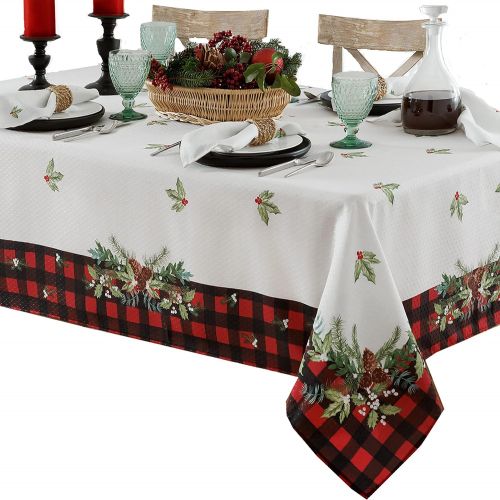  [아마존베스트]Lintex Aspen Red Black Plaid and Garland Bordered Christmas Placemats, Cottage Check Bordered Xmas and Holiday Print Easy Care Fabric Placemats, Set of 4 Bordered Placemat