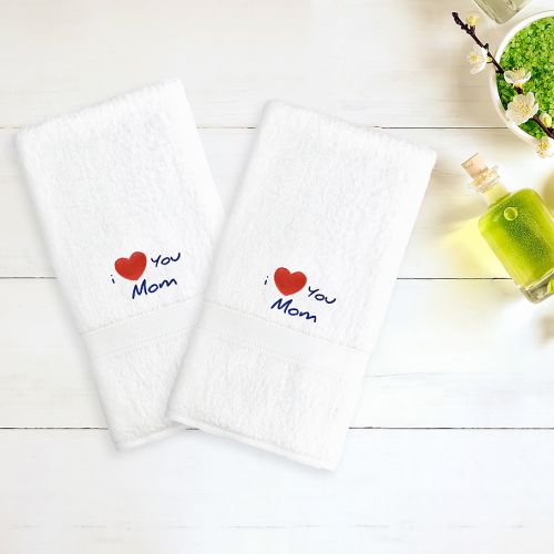  Linum Home Textiles Mothers Day I Love You Mom Hand Towels in White (Set of 2)