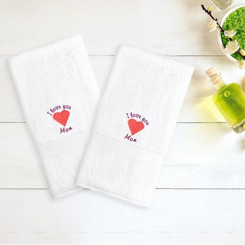  Linum Home Textiles Mothers Day I Love You Mom Heart Hand Towels in WhitePink (Set of 2)