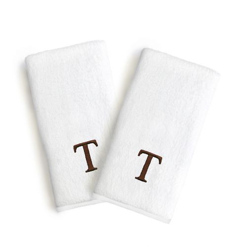  Linum Home Textiles Bridal Monogram Letter Hand Towels in BrownWhite (Set of 2)