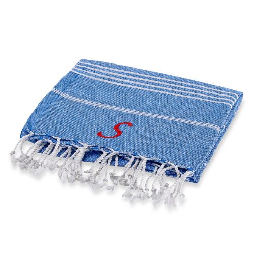 Linum Home Textiles Lucky Monogram Script Letter Pestemal Beach Towel in Royal Blue