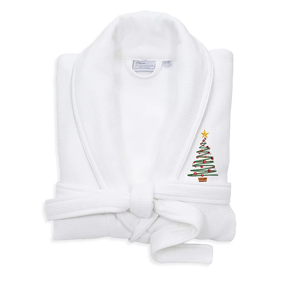  Linum Home Textiles Embroidered Christmas Tree Waffle Terry Bathrobe