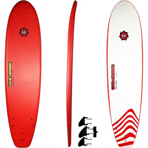  Liquid Shredder EZ-Slider 7ft Red-Premium Foam Deck Surfboards-Wax-Free, Soft-Top, Slick Bottom-Includes Removable 3 Fin System-FunShape for Adults and Kids of All Levels of Surfin
