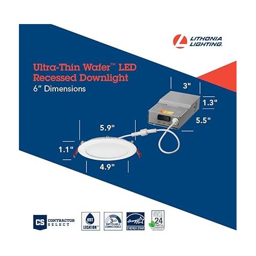  Lithonia Lighting WF6 30K40K50K 90CRI MW M6 LED color Temperature Selectable Ultra Thin Recessed Downlight, 3000K | 4000K | 5000K, White, 6 inch