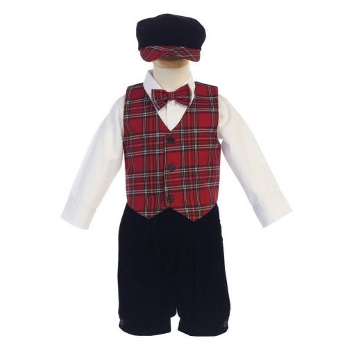  Lito Baby Boys Red Black Plaid Pattern Vest Velvet Knicker Set Outfit 3-24M