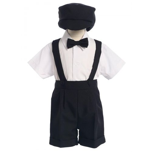  Lito 4-Piece Christening Baptism Suspender Short Set - Black Cap Bowtie 2T