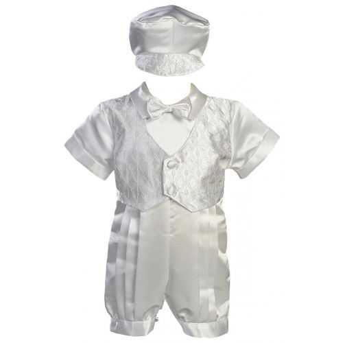  Lito White Satin Christening Baptism Romper with Vest and Matching Hat