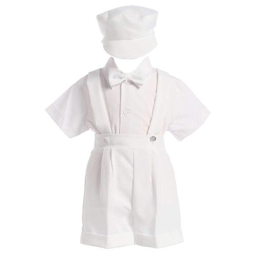  Lito White Christening Baptism Suspenders and Short Set with Hat