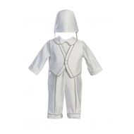 Lito White Satin Christening Baptism Romper Set Accented with Silver Trim and Hat