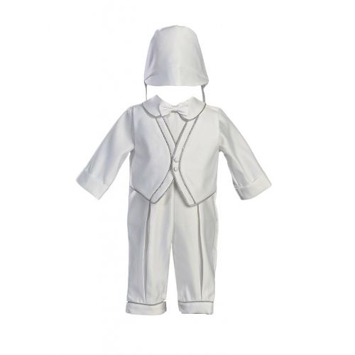  Lito White Satin Christening Baptism Romper Set Accented with Silver Trim and Hat