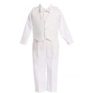 Lito 4 Piece White Boys Embroidered Jacquard Christening Baptism or Wedding Vest Set