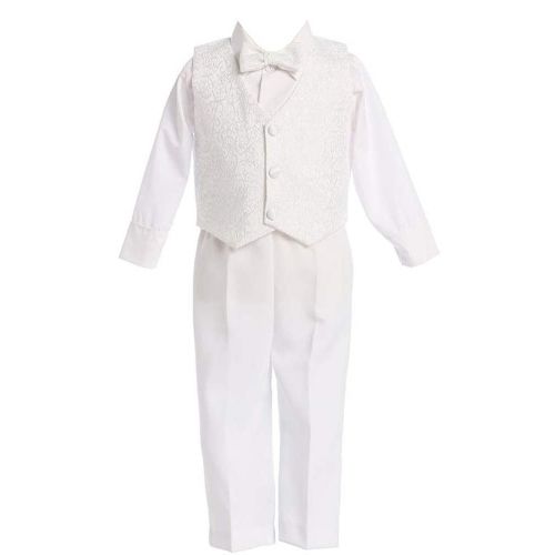  Lito 4 Piece White Boys Embroidered Jacquard Christening Baptism or Wedding Vest Set