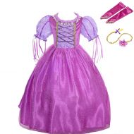 Lito Angels Girls Tangled Rapunzel Dress Up Costume Halloween Fancy Princess Dress Outfit with Long Braid Wig + Arm Mitt
