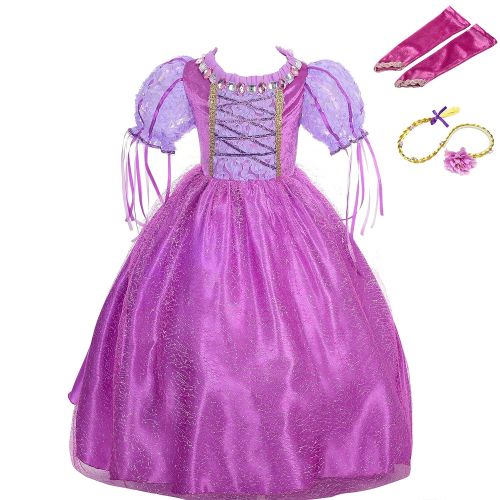  Lito Angels Girls Tangled Rapunzel Dress Up Costume Halloween Fancy Princess Dress Outfit with Long Braid Wig + Arm Mitt