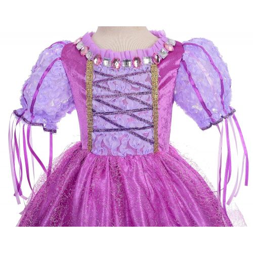  Lito Angels Girls Tangled Rapunzel Dress Up Costume Halloween Fancy Princess Dress Outfit with Long Braid Wig + Arm Mitt