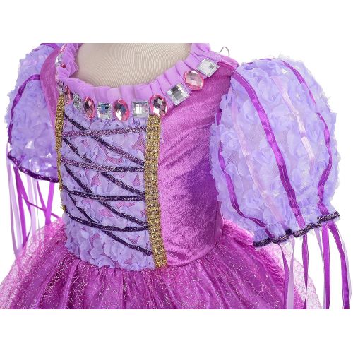 Lito Angels Girls Tangled Rapunzel Dress Up Costume Halloween Fancy Princess Dress Outfit with Long Braid Wig + Arm Mitt