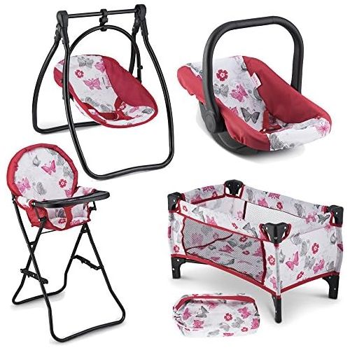  Litti Pritti 4 Piece Set Baby Doll Accessories - Includes Baby Doll Swing, Baby Doll High Chair, Doll Pack N Play, Baby Doll Carrier  18 inch Doll Accessories for 3 Year Old Girls