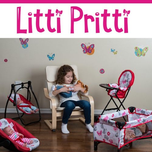  Litti Pritti 4 Piece Set Baby Doll Accessories - Includes Baby Doll Swing, Baby Doll High Chair, Doll Pack N Play, Baby Doll Carrier  18 inch Doll Accessories for 3 Year Old Girls