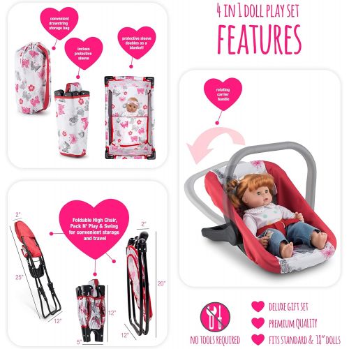  Litti Pritti 4 Piece Set Baby Doll Accessories - Includes Baby Doll Swing, Baby Doll High Chair, Doll Pack N Play, Baby Doll Carrier  18 inch Doll Accessories for 3 Year Old Girls