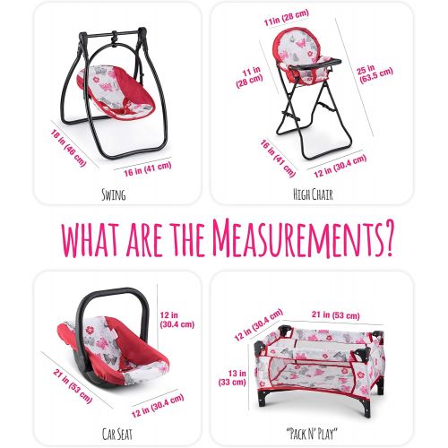  Litti Pritti 4 Piece Set Baby Doll Accessories - Includes Baby Doll Swing, Baby Doll High Chair, Doll Pack N Play, Baby Doll Carrier  18 inch Doll Accessories for 3 Year Old Girls