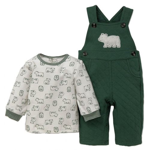  Little+Me Forest Green Bear Knit Overall and Long Sleeve Shirt