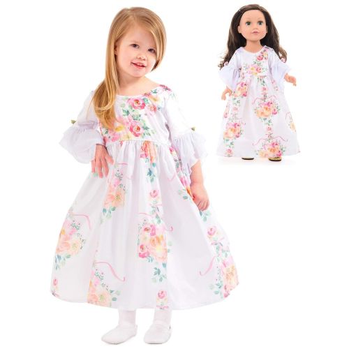 리틀 Little Adventures White Floral Princess Dress Up Costume & Matching Doll Dress (Small Age 1-3)