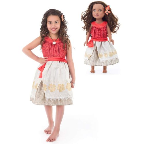  Little Adventures Polynesian Princess Dress Up Costume with Flower Hair Clip & Matching Doll Dress (Large Age 5-7)