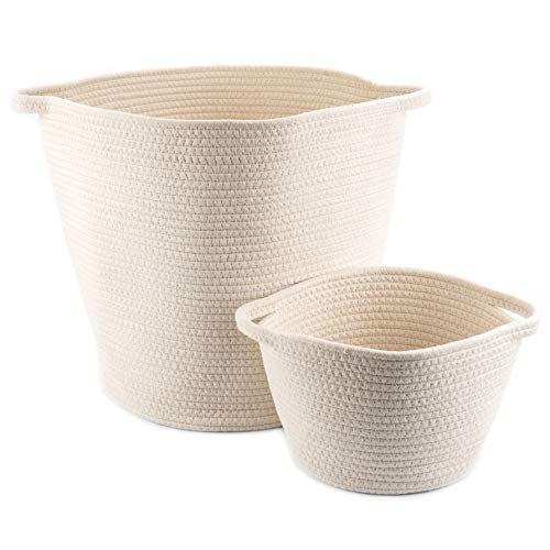  Little Hippo 2pc Large Cotton Rope Basket, White (16x15) 100% Natural Cotton! Rope Basket, Woven Storage Basket, Large Basket, Blanket Basket Living Room, Toy Basket, Pillow Basket