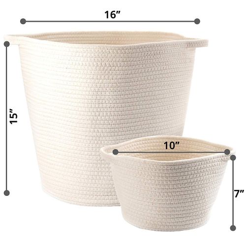  Little Hippo 2pc Large Cotton Rope Basket, White (16x15) 100% Natural Cotton! Rope Basket, Woven Storage Basket, Large Basket, Blanket Basket Living Room, Toy Basket, Pillow Basket