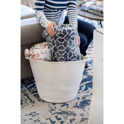  Little Hippo 2pc Large Cotton Rope Basket, White (16x15) 100% Natural Cotton! Rope Basket, Woven Storage Basket, Large Basket, Blanket Basket Living Room, Toy Basket, Pillow Basket