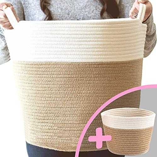  Little Hippo 2pc Large Cotton Rope Basket (16x15) 100% Natural Cotton! Rope Basket, Woven Storage Basket, Large Basket, Blanket Basket Living Room, Toy Basket, Pillow Basket, Round