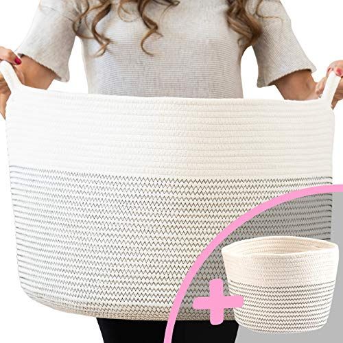  Little Hippo 2pc XXXL Large Cotton Rope Basket (22x14) 100% Natural Cotton! Rope Basket, Woven Storage Basket, Large Basket, Blanket Basket Living Room, Toy Basket, Pillow Basket,