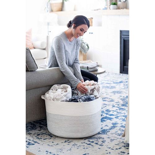  Little Hippo 2pc XXXL Large Cotton Rope Basket (22x14) 100% Natural Cotton! Rope Basket, Woven Storage Basket, Large Basket, Blanket Basket Living Room, Toy Basket, Pillow Basket,