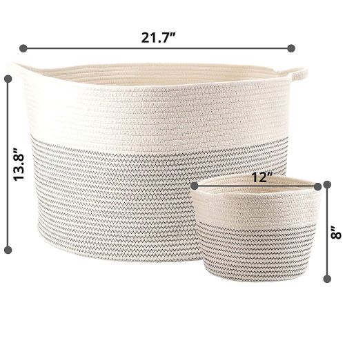  Little Hippo 2pc XXXL Large Cotton Rope Basket (22x14) 100% Natural Cotton! Rope Basket, Woven Storage Basket, Large Basket, Blanket Basket Living Room, Toy Basket, Pillow Basket,