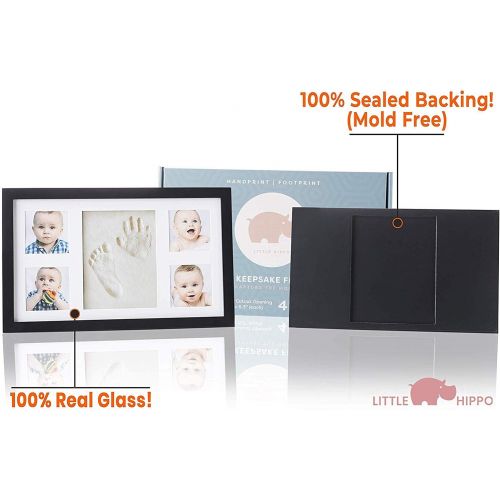  Little Hippo Baby Handprint Kit |NO Mold| Baby Picture Frame, Baby Footprint kit, Perfect for Baby Boy Gifts,Top Baby Girl Gifts, Baby Shower Gifts, Newborn Baby Keepsake Frames (Deluxe, Black)