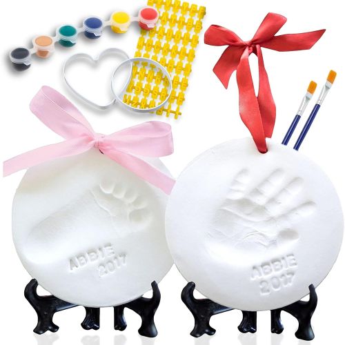  Little Hippo Baby Ornament Keepsake Kit (NEWBORN BUNDLE) 2 EASELS, 4 RIBBONS & LETTERS! Baby Handprint Kit and Footprint Kit, Clay Casting Kit for Baby Shower Gifts, Boys & Girls